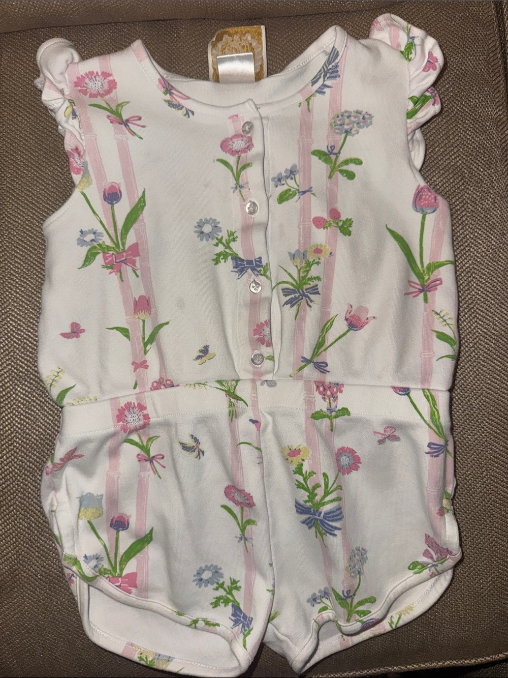 White Floral Baby Romper with Pink & Green Accents